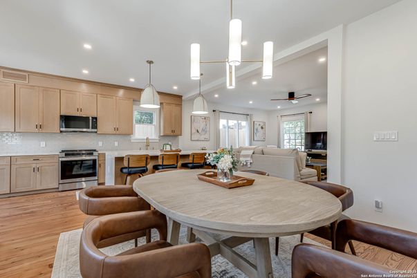 Dining room, Interior, Kitchen, Living room, Pendant Lights, Recessed Lighting, Stainless Steel Appliances, Wood Texture Flooring