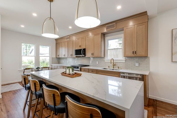Interior, Kitchen, Pendant Lights, Recessed Lighting, Stainless Steel Appliances, Wood Texture Flooring