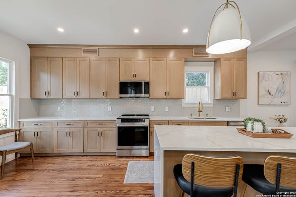 Interior, Kitchen, Pendant Lights, Recessed Lighting, Stainless Steel Appliances, Wood Texture Flooring