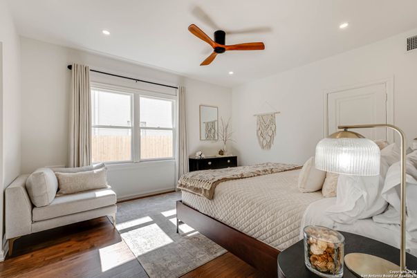 Bedroom, Interior, Recessed Lighting, Wood Texture Flooring