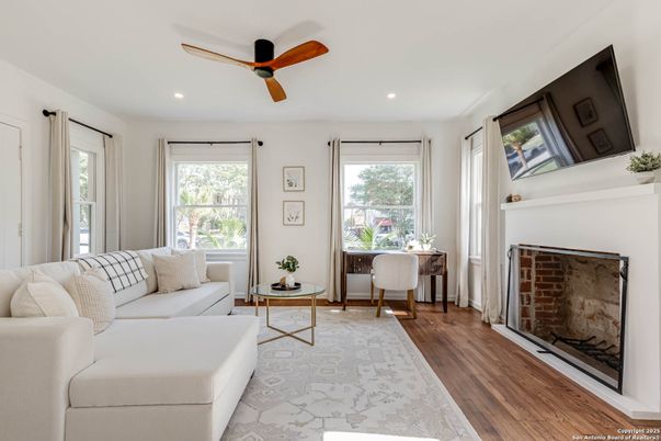 Fireplace, Interior, Living room, Recessed Lighting, Wood Texture Flooring