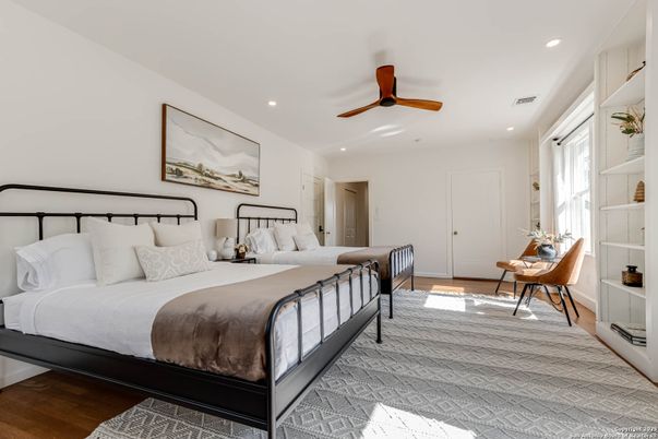 Bedroom, Interior, Recessed Lighting, Wood Texture Flooring