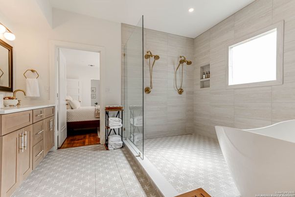 Bathroom, Bedroom, Glass Shower, Interior, Recessed Lighting, Wood Texture Flooring