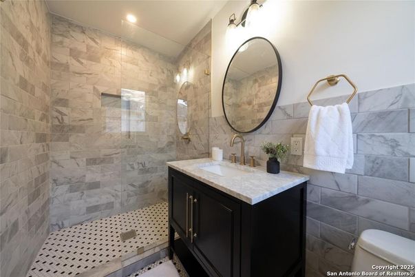 Bathroom, Glass Shower, Interior, Marble Walls, Recessed Lighting
