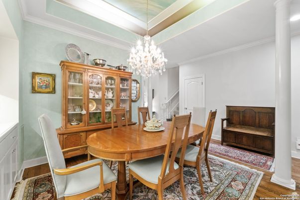 Chandelier, Dining room, Interior, Wood Texture Flooring