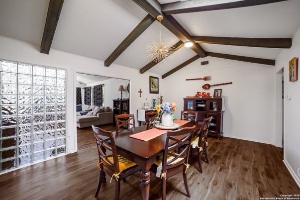 Dining room, Fireplace, Interior, Living room, Wooden Beams, Wood Texture Flooring