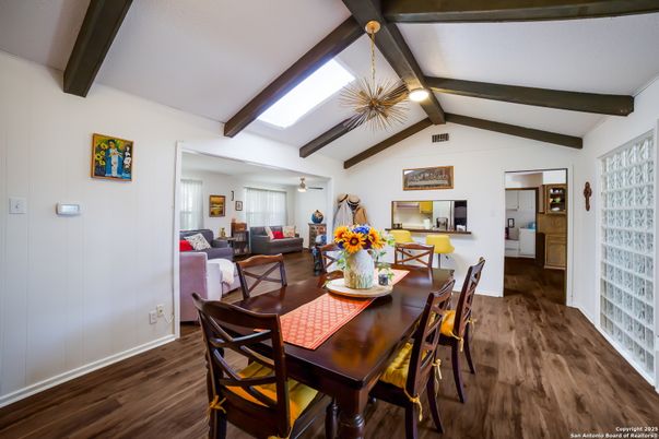 Dining room, Interior, Living room, Pendant Lights, Wooden Beams, Wood Texture Flooring