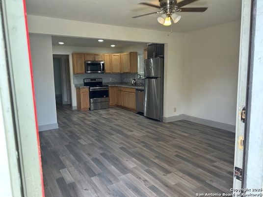 Interior, Kitchen, Recessed Lighting, Stainless Steel Appliances, Wood Texture Flooring