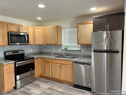 Interior, Kitchen, Recessed Lighting, Stainless Steel Appliances, Wood Texture Flooring