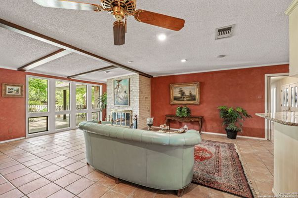 Fireplace, Interior, Living room, Recessed Lighting, Stone Walls