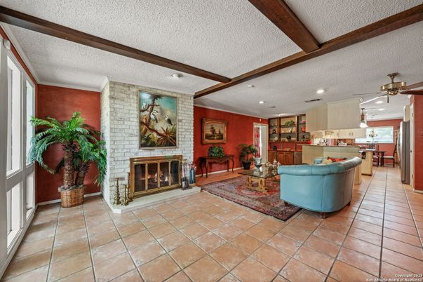 Fireplace, Interior, Kitchen, Living room, Recessed Lighting, Stone Walls, Wooden Beams
