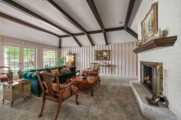Fireplace, Interior, Living room, Stone Walls, Wooden Beams