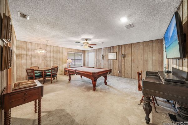 Billiard Table, Game Room, Interior, Pendant Lights, Recessed Lighting, Wooden Walls