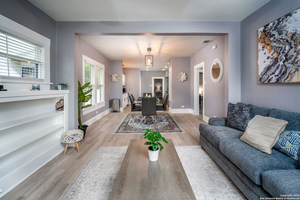 Dining room, Interior, Living room, Pendant Lights, Wood Texture Flooring