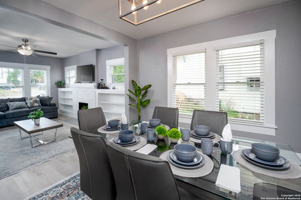 Dining room, Fireplace, Interior, Living room, Wood Texture Flooring