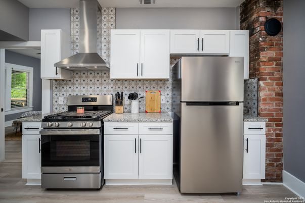 Interior, Kitchen, Stainless Steel Appliances, Stone Walls, Wood Texture Flooring