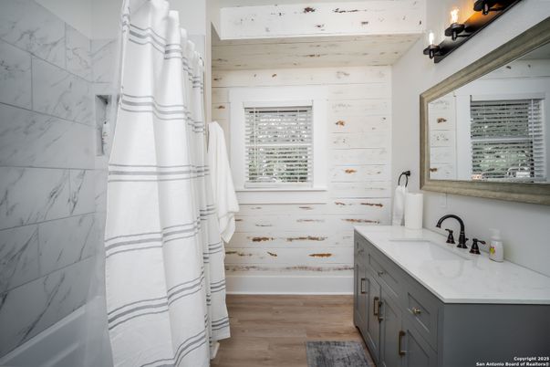 Bathroom, Interior, Marble Walls, Wood Texture Flooring