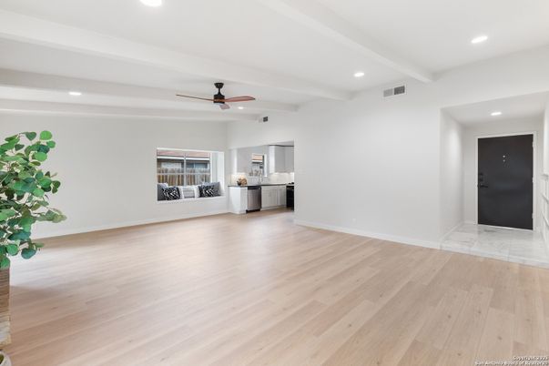 Empty room, Interior, Kitchen, Recessed Lighting, Wood Texture Flooring