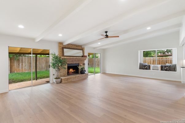 Empty room, Fireplace, Interior, Recessed Lighting, Wood Texture Flooring