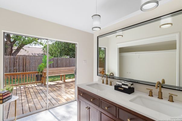 Bathroom, Dual Sink Vanities, Interior, Pendant Lights, Wood Texture Flooring