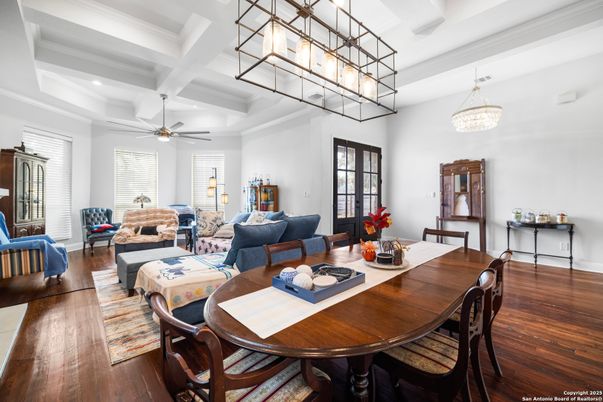 Chandelier, Dining room, Interior, Living room, Pendant Lights, Recessed Lighting, Wood Texture Flooring
