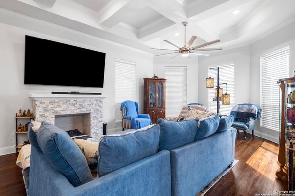 Fireplace, Interior, Living room, Recessed Lighting, Wood Texture Flooring