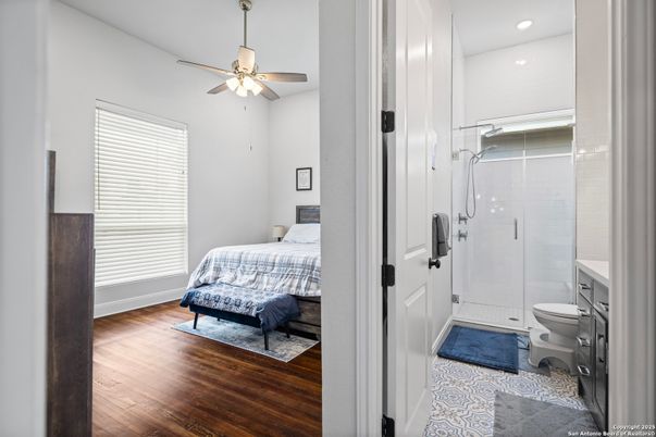 Bathroom, Bedroom, Glass Shower, Interior, Recessed Lighting, Wood Texture Flooring