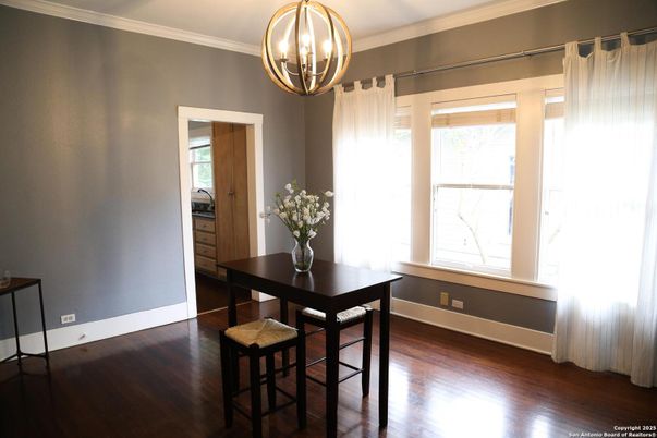 Dining room, Interior, Pendant Lights, Wood Texture Flooring