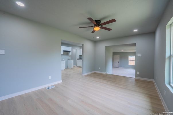 Empty room, Interior, Kitchen, Recessed Lighting, Wood Texture Flooring
