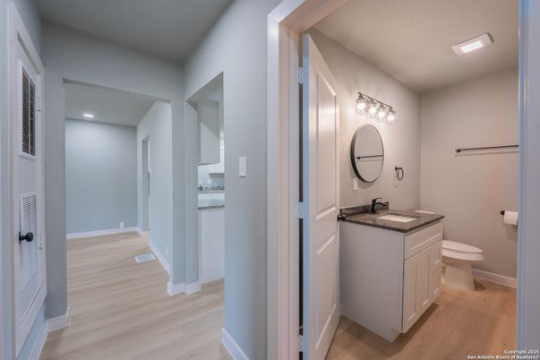Bathroom, Interior, Recessed Lighting, Wood Texture Flooring