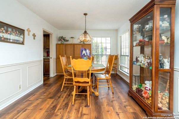 Dining room, Interior, Pendant Lights, Wood Texture Flooring
