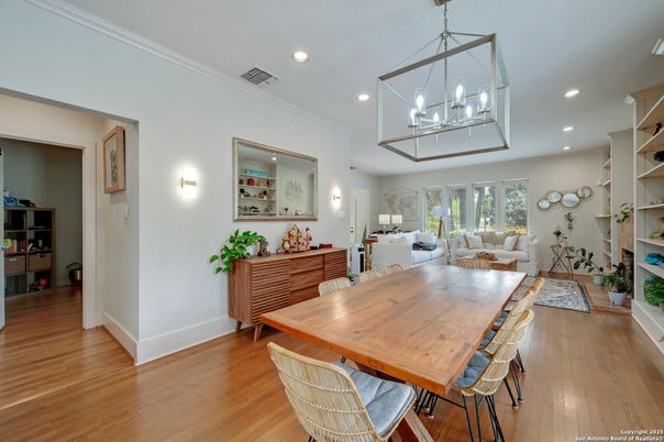 Dining room, Interior, Living room, Recessed Lighting, Wood Texture Flooring