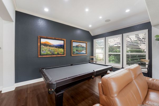 Billiard Table, Game Room, Interior, Recessed Lighting, Wood Texture Flooring
