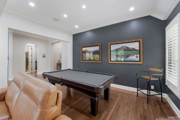 Billiard Table, Game Room, Interior, Recessed Lighting, Wood Texture Flooring