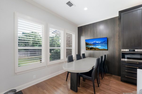 Dining room, Interior, Recessed Lighting, Wood Texture Flooring