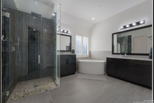 Bathroom, Dual Sink Vanities, Free Standing Baths, Glass Shower, Interior, Recessed Lighting