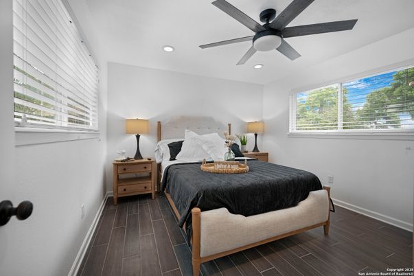Bedroom, Interior, Recessed Lighting, Wood Texture Flooring