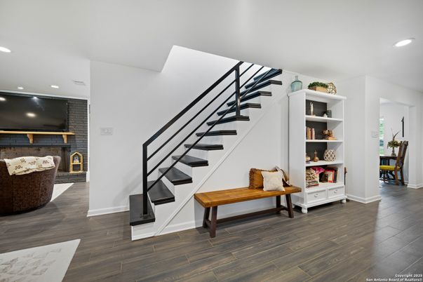 Fireplace, Interior, Recessed Lighting, Wood Texture Flooring