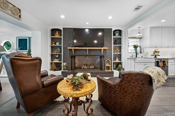 Fireplace, Interior, Kitchen, Living room, Pendant Lights, Recessed Lighting, Wood Texture Flooring
