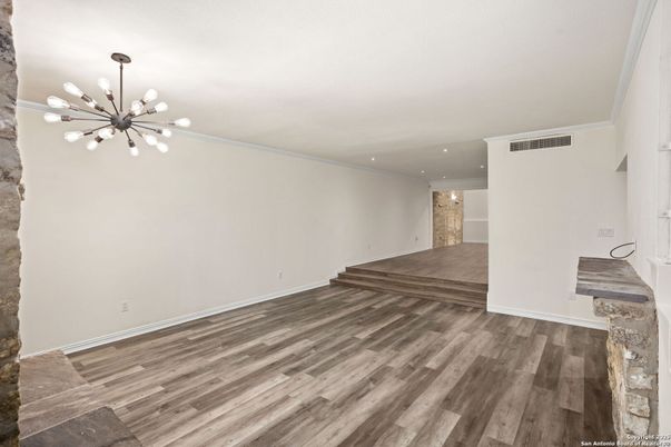 Empty room, Interior, Pendant Lights, Recessed Lighting, Wood Texture Flooring