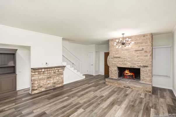 Fireplace, Interior, Pendant Lights, Wood Texture Flooring