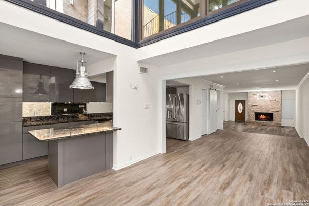 Fireplace, Interior, Kitchen, Pendant Lights, Recessed Lighting, Wood Texture Flooring