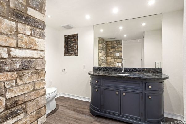 Bathroom, Interior, Recessed Lighting, Stone Walls, Wood Texture Flooring