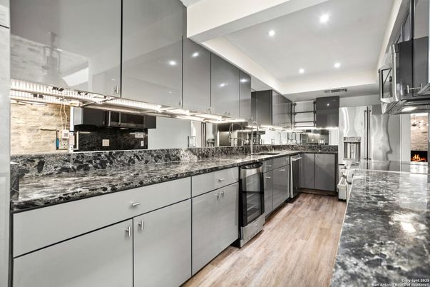 Interior, Kitchen, Recessed Lighting, Stainless Steel Appliances, Wood Texture Flooring