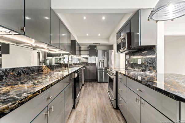 Interior, Kitchen, Recessed Lighting, Stainless Steel Appliances, Wood Texture Flooring