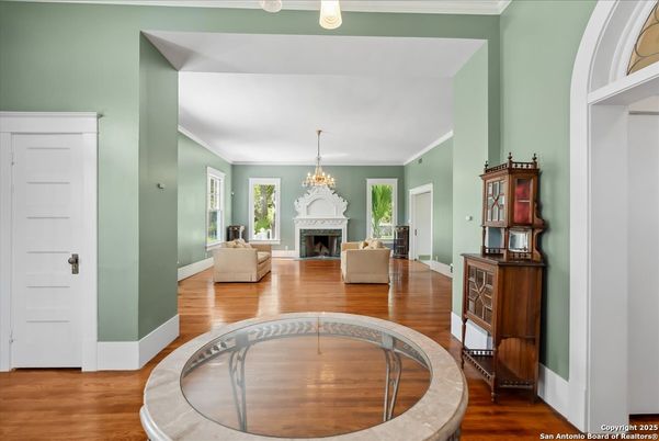 Chandelier, Fireplace, Interior, Living room, Pool, Wood Texture Flooring