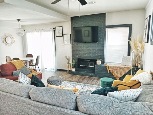 Fireplace, Interior, Living room, Recessed Lighting, Wood Texture Flooring