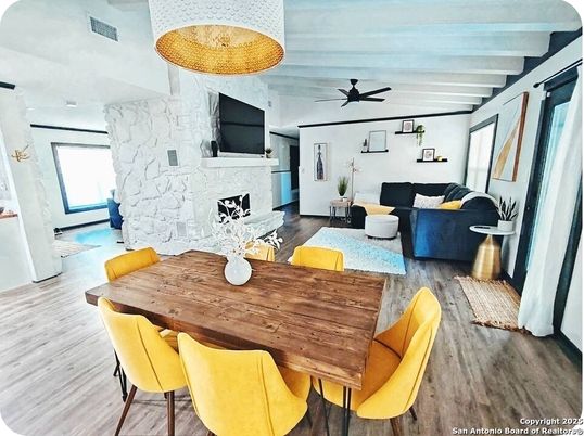 Dining room, Fireplace, Interior, Living room, Wood Texture Flooring