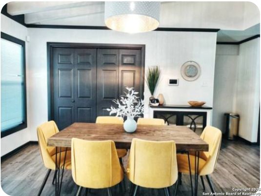 Dining room, Interior, Pendant Lights, Wood Texture Flooring