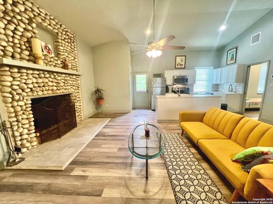 Fireplace, Interior, Kitchen, Living room, Recessed Lighting, Wood Texture Flooring